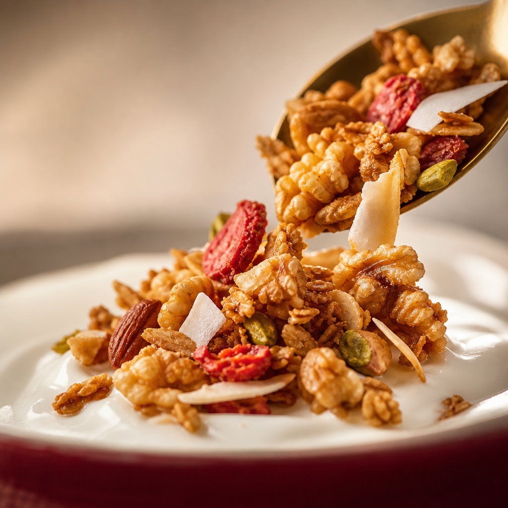 Close-up of crunchy granola clusters over yogurt