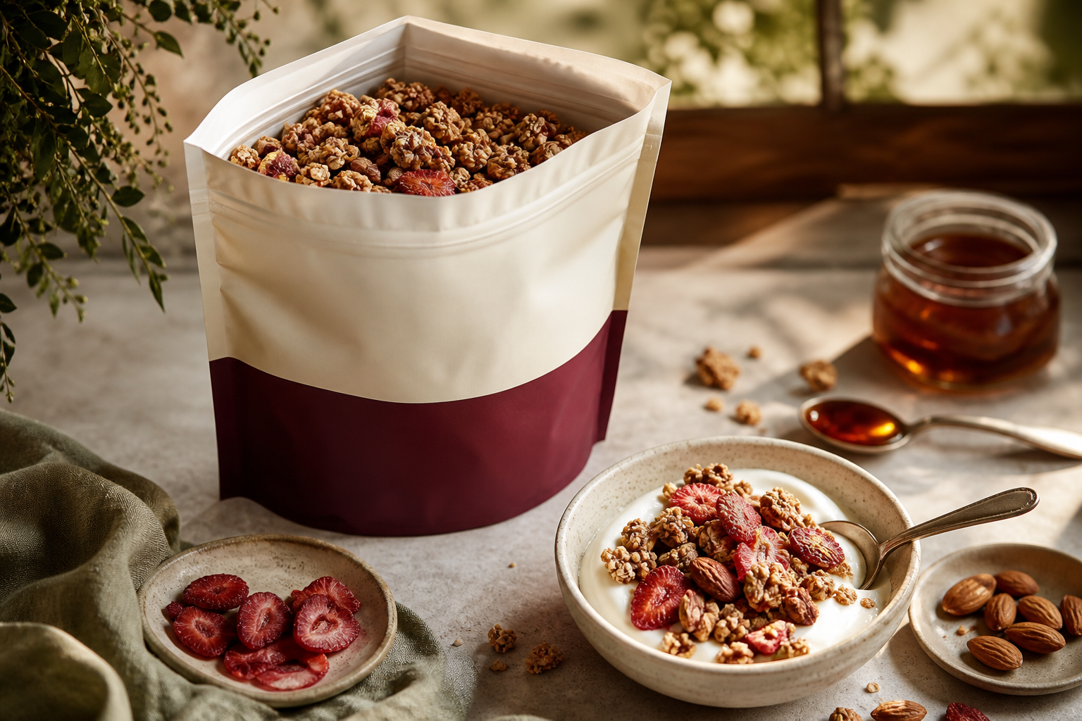Premium CRUNO granola with yogurt, berries, and pantry ingredients