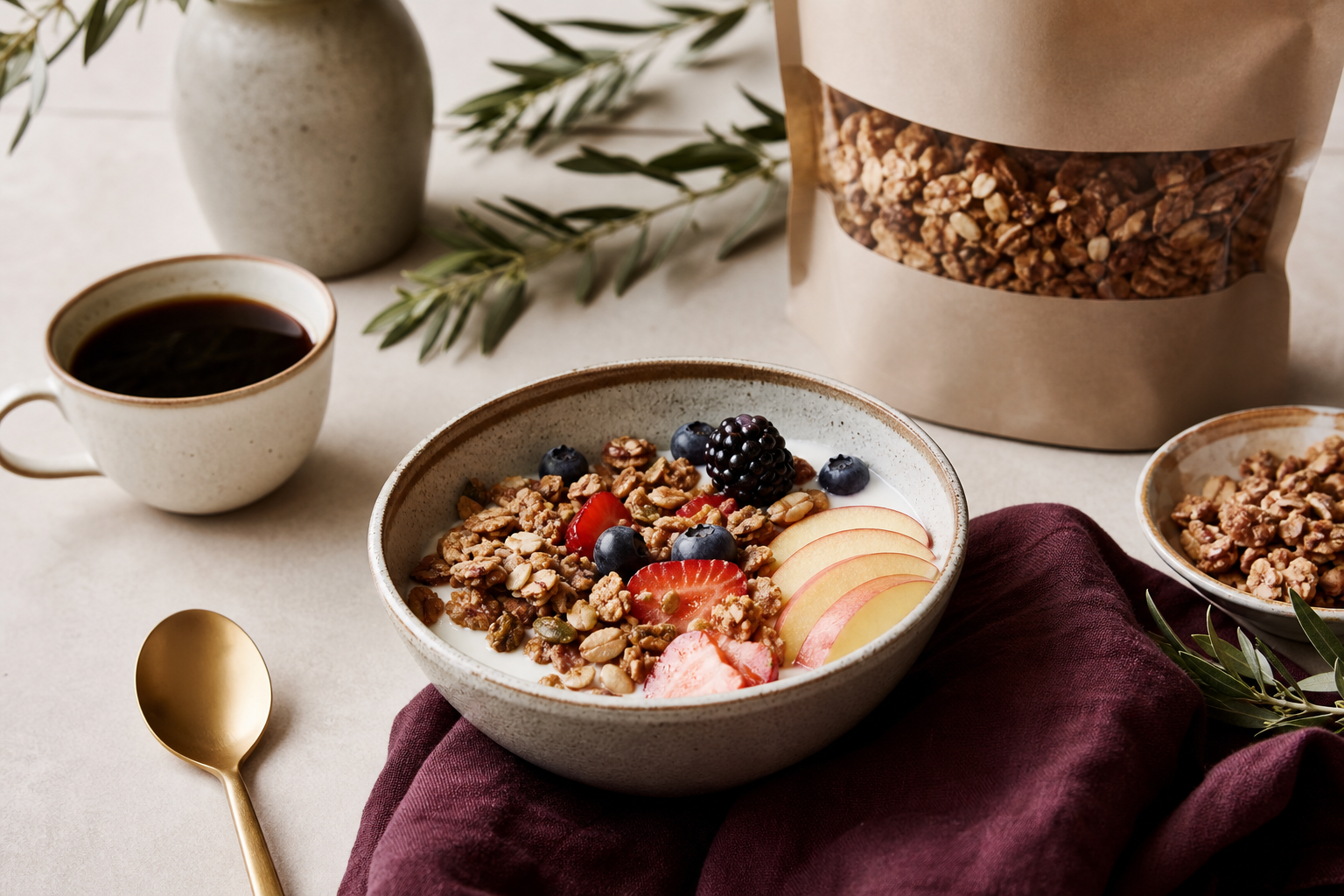 Styled breakfast bowl with CRUNO granola, fruit, and coffee