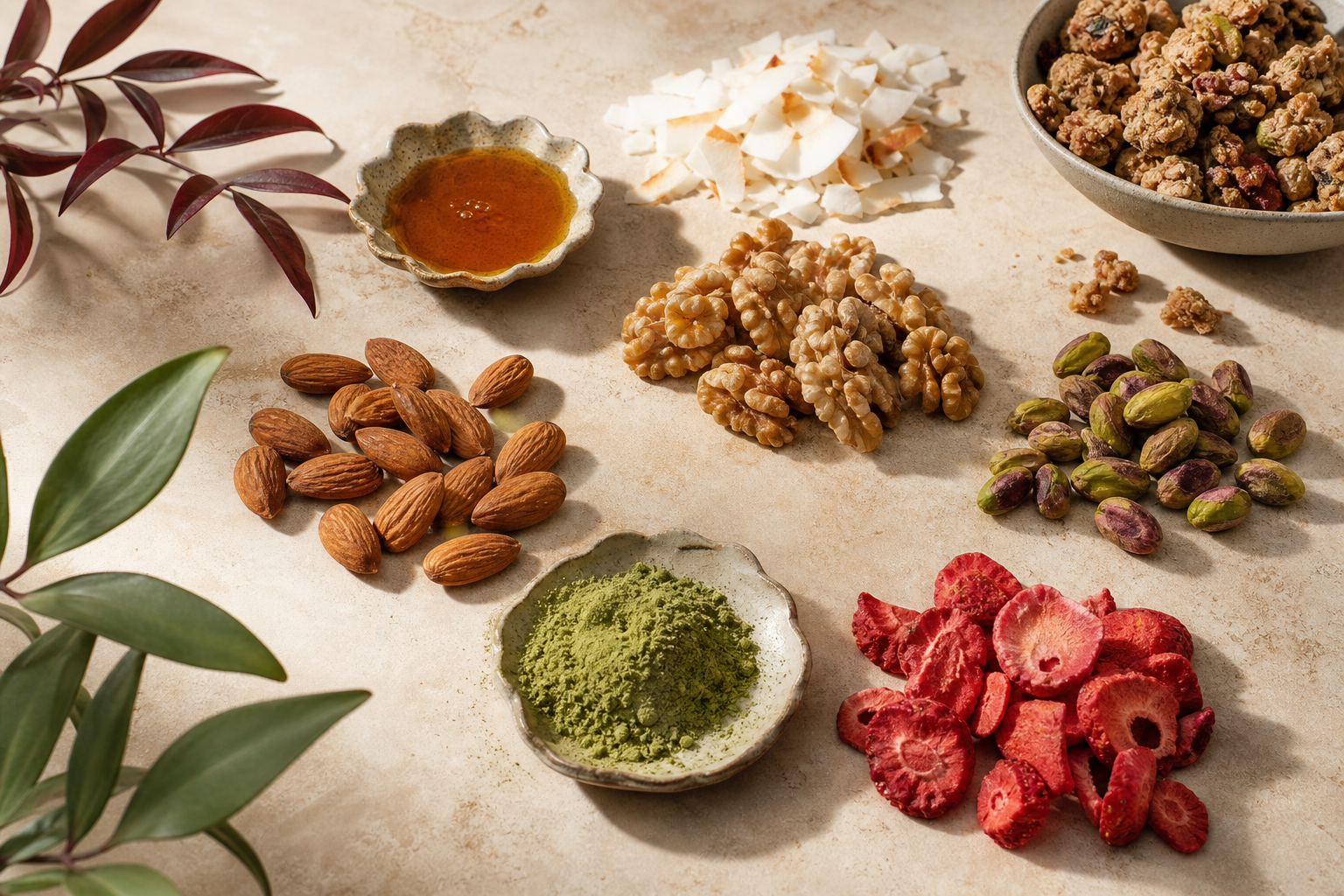 CRUNO ingredient still life with nuts, coconut, berries, and honey