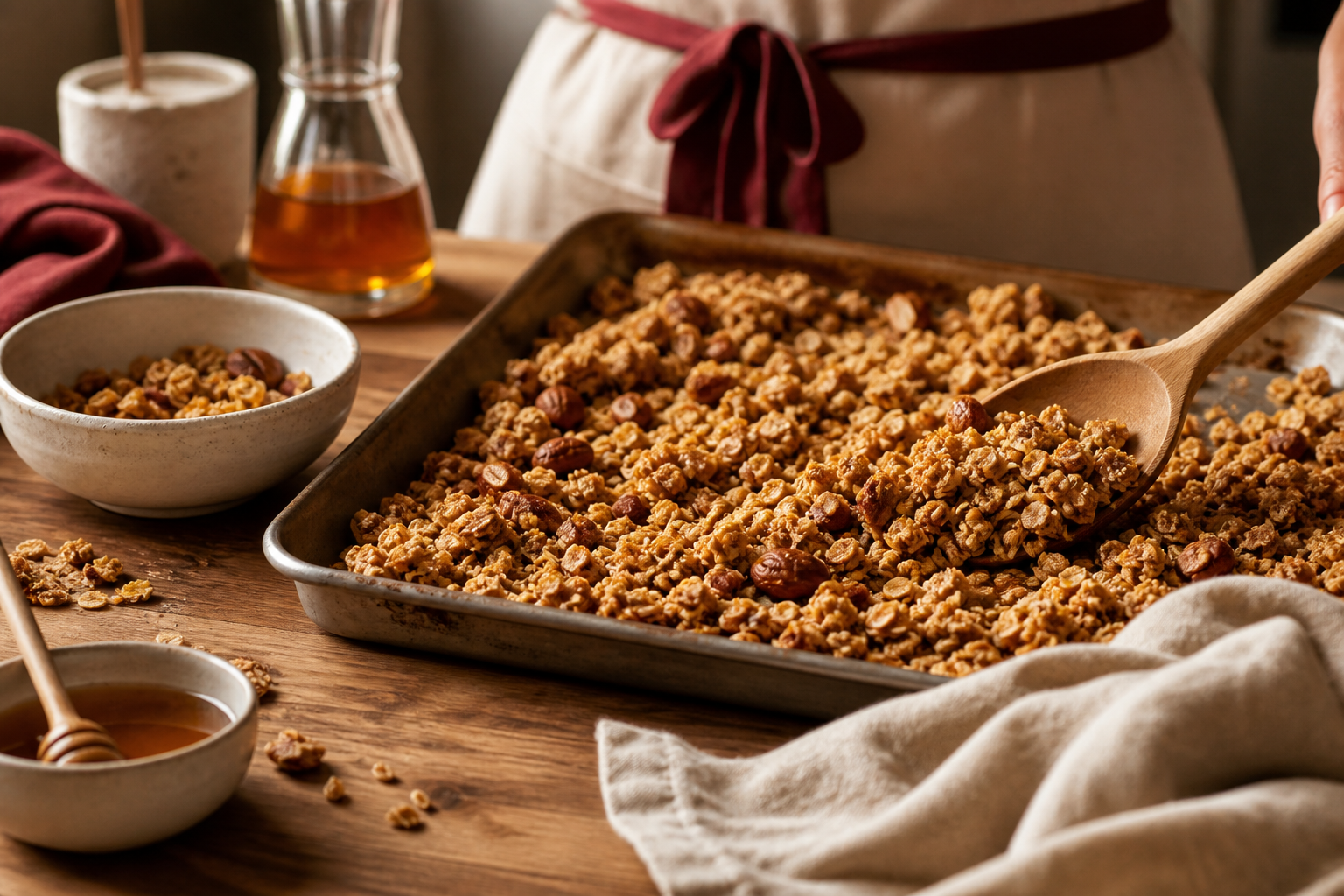 Small-batch granola being prepared on a baking tray